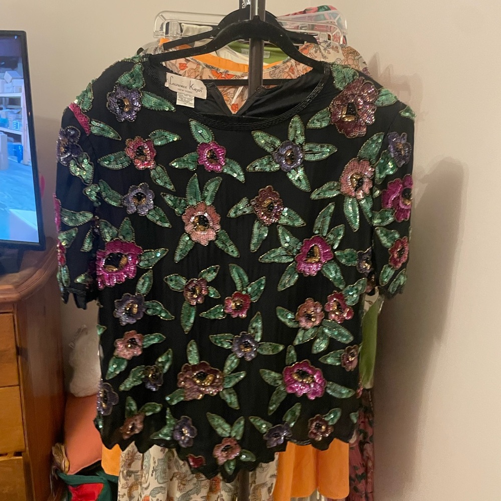 Laurence Kazar Black Top with Colorful Floral Embellishments